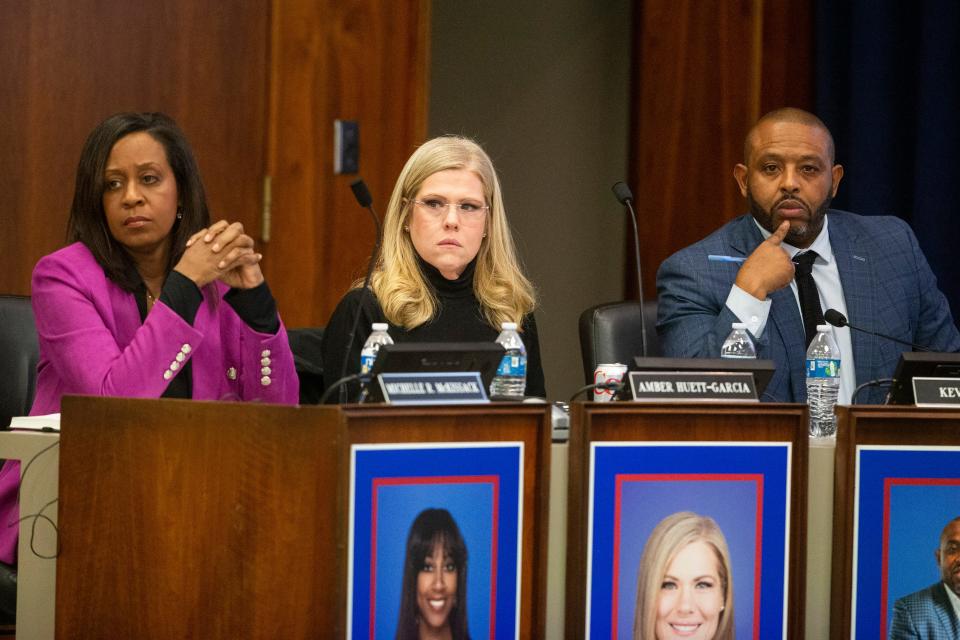 Memphis-Shelby County Schools school board members Michelle McKissack, Amber Huett-Garcia and Kevin Woods listen to a speaker during a meeting to pick the next MSCS superintendent in Memphis, Tenn., on Friday, February 9, 2024.