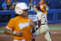 Florida State pitcher Kathryn Sandercock, right, celebrates after a win over Tennessee in an NCAA softball Women's College World Series game Monday, June 5, 2023, in Oklahoma City. (AP Photo/Nate Billings)