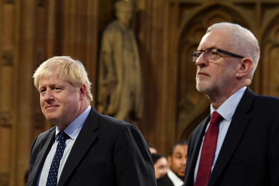 Britain's Prime Minister Boris Johnson and main opposition Labour Party leader Jeremy Corbyn head the procession of members of parliament through the Central Lobby toward the House of Lords to listen to the Queen's Speech during the State Opening of Parliament in the Houses of Parliament in London, Britain October 14, 2019. Daniel Leal-Olivas/Pool via REUTERS