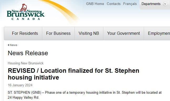 A screenshot of a New Brunswick Government press release put out two days before the meeting said that the location of 24 Happy Valley Road was "finalized."