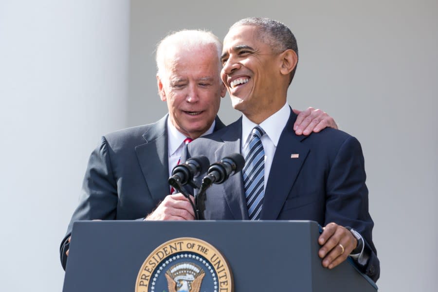 U.S. President Barack Obama, right, speaks as U.S. Vice President Joe Biden stands in the Rose Garden at the White House in Washington, D.C., on Wednesday, Nov. 9, 2016. (Photo by Cheriss May/NurPhoto via Getty Images)