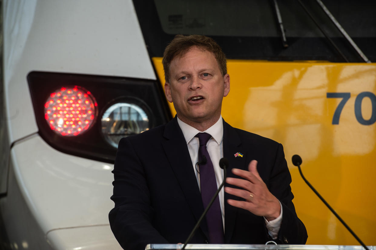 LONDON, ENGLAND - JUNE 16: Transport Secretary Grant Shapps addresses the media and takes questions about the impending RMT strike at the Hornsey Rail Depot on June 16, 2022 in London, England. (Photo by Guy Smallman/Getty images)