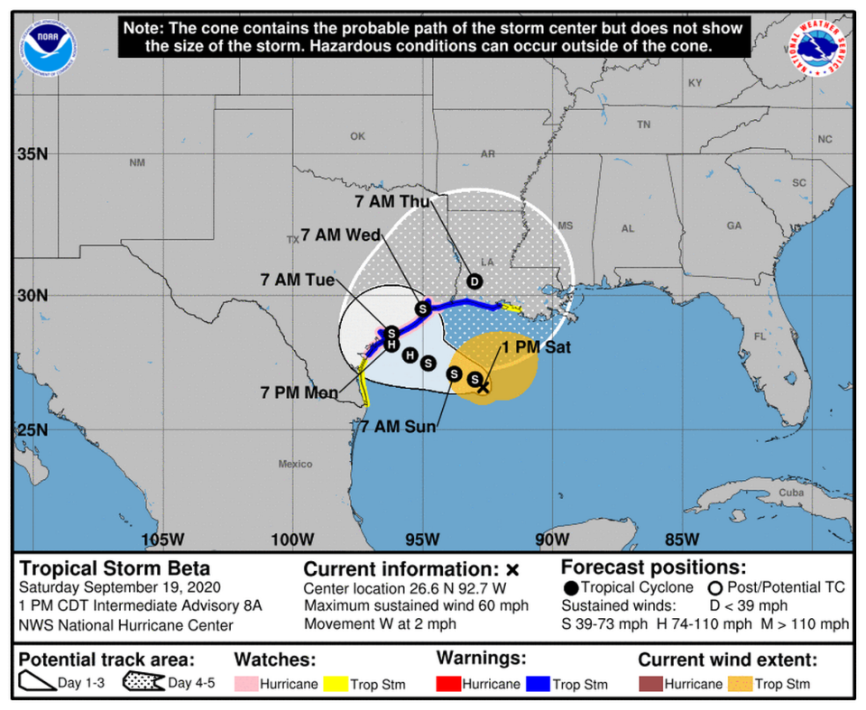 Tropical Storm Beta at 1 p.m. Saturday, Sept. 19, 2020.