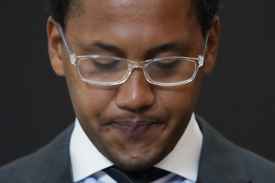 Former Northwestern quarterback Lloyd Yates looks down as he speaks at a news conference in Chicago, Monday, July 24, 2023. A Northwestern hazing scandal includes multiple sports, men and women, attorneys have said. (AP Photo/Nam Y. Huh)