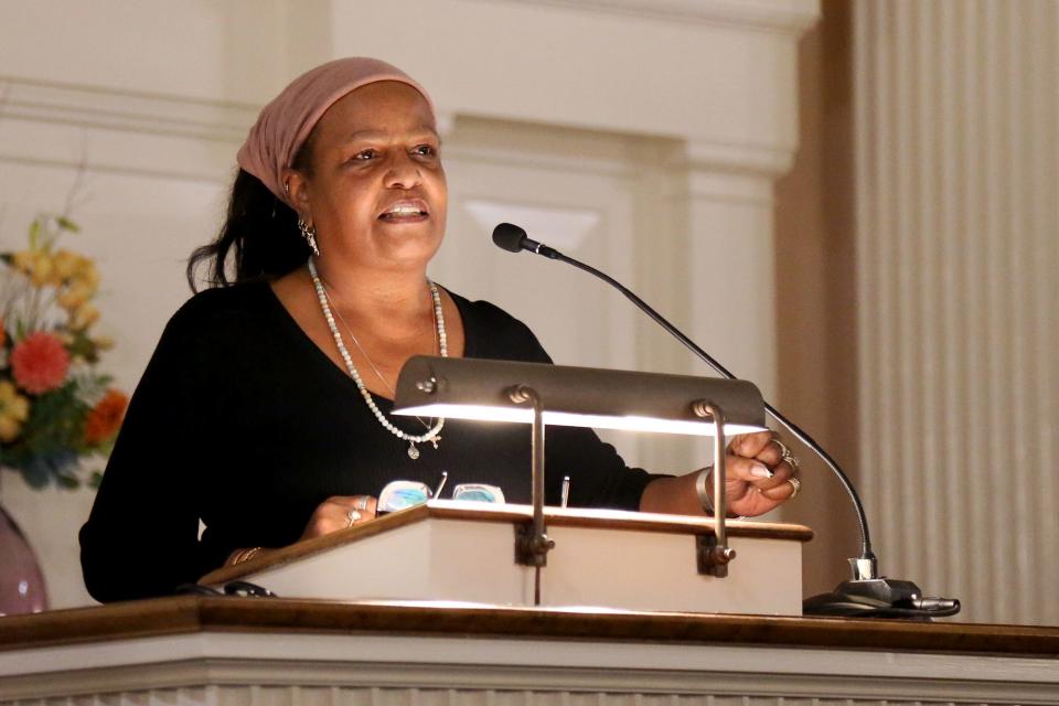 Seacoast African American Cultural Center President Sandi Clark Kaddy speaks as Portsmouth's 400th year of events kicks off at South Church Friday, Jan. 6, 2023.