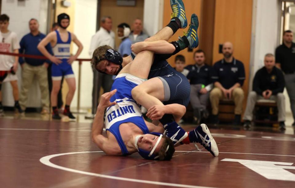Penns Valley’s Erik Carlile controls United’s Jacob Sombronski in their 114-pound consolation quarterfinals match of the PIAA Class 2A Southwest Regional Championships on Saturday, March 2, 2024 in Altoona. Carlile beat Sombronski, 2-1, to secure his spot in Hershey. Jillian Anderson/For the CDT