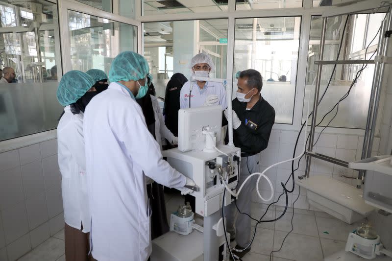 Nurses receive training on using ventilators recently provided by the World Health Organization at a hospital allocated for coronavirus patients in preparation for any possible spread of the coronavirus disease (COVID-19), in Sanaa