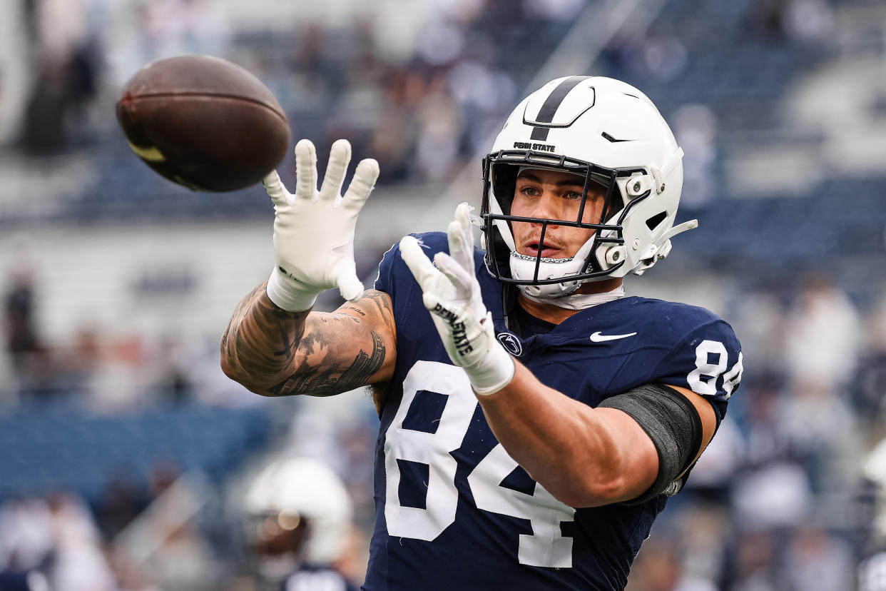 Penn State's Theo Johnson could be the second tight end drafted after Brock Bowers was the only player at the position to be selected in the first round. (Photo by Scott Taetsch/Getty Images)