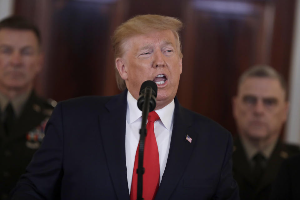 President Donald Trump addresses the nation from the White House on the ballistic missile strike that Iran launched against Iraqi air bases housing U.S. troops, Wednesday, Jan. 8, 2020, in Washington. (AP Photo/ Evan Vucci)