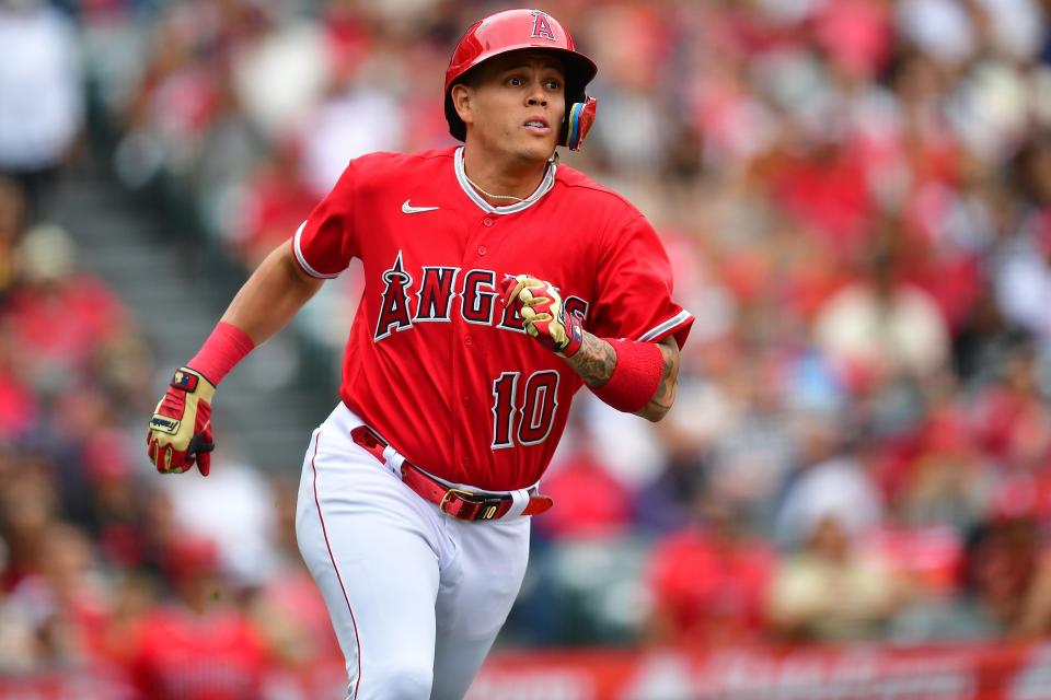 Los Angeles Angels third baseman Gio Urshela runs after hitting a triple against the Miami Marlins during the second inning at Angel Stadium, May 28, 2023.