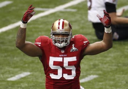 San Francisco 49ers outside linebacker Ahmad Brooks reacts after sacking Baltimore Ravens quarterback Joe Flacco during the third quarter in the NFL Super Bowl XLVII football game in New Orleans, Louisiana, February 3, 2013. REUTERS/Jonathan Bachman