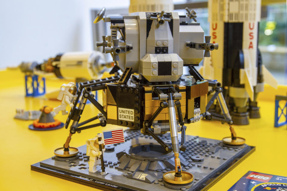 A Lego model of the Apollo 11 lunar lander is displayed in the company's store in New York on Tuesday, June 18, 2019. Hundreds of millions of people were riveted when Apollo 11 landed on the moon on July 20, 1969. Naturally, marketers jumped at the chance to sell products from cars and televisions, to cereal and a once-obscure powdered drink called Tang. They are at it again in 2019, as the 50th anniversary of the giant leap for mankind approaches. (AP Photo/Marshall Ritzel)