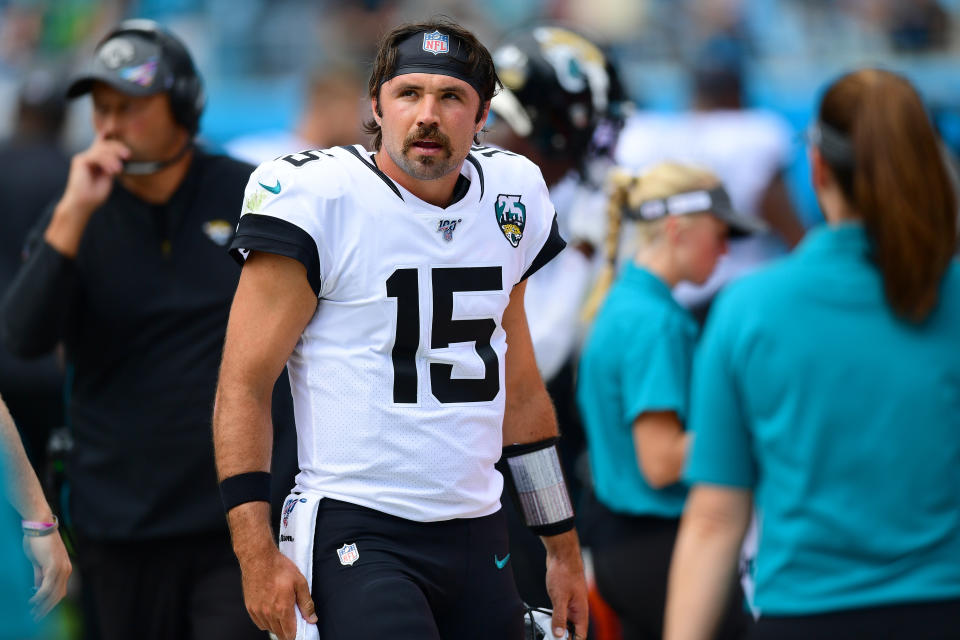 CHARLOTTE, NORTH CAROLINA - OCTOBER 06: Gardner Minshew #15 of the Jacksonville Jaguars during the first half of their game against the Carolina Panthers at Bank of America Stadium on October 06, 2019 in Charlotte, North Carolina. (Photo by Jacob Kupferman/Getty Images)