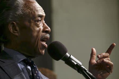 Reverend Al Sharpton speaks to members of the National Action Network civil rights organization during a rally in honor of the nine victims killed at Charleston's Emanuel African Methodist Episcopal Church, at its headquarters in New York June 20, 2015. REUTERS/Eduardo Munoz