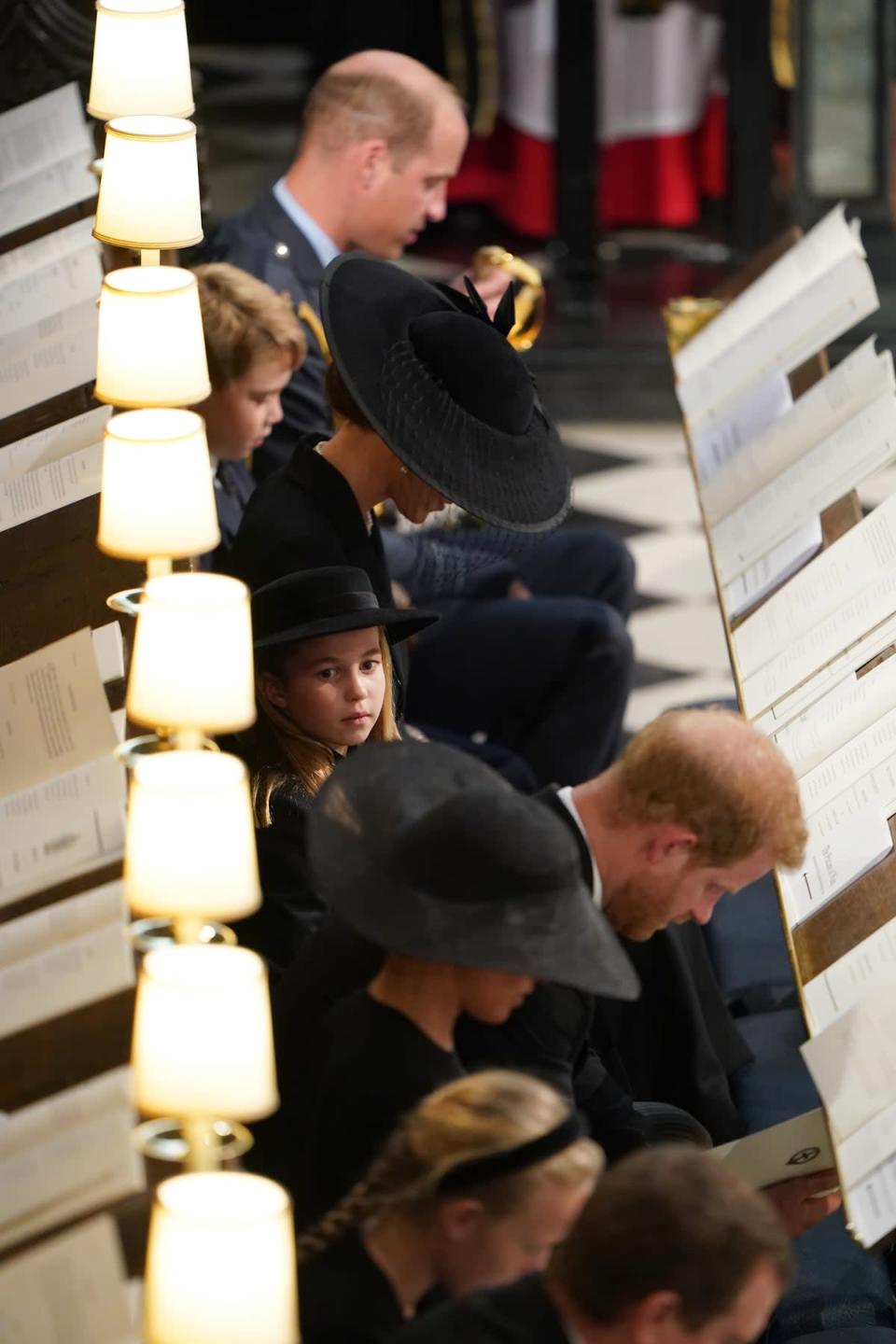 The Prince of Wales, Prince George, the Princess of Wales, Princess Charlotte, the Duke of Sussex and the Duchess of Sussex at the committal service (Joe Giddens/PA) (PA Wire)