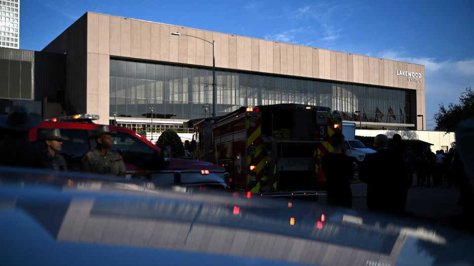 First responders and members of law enforcement surround the area after a shooting Sunday at television evangelist Joel Osteen's Lakewood Church in Houston. - Callaghan O'Hare/Reuters