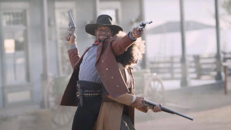 A scene from the highly-anticipated all-Black Western, “The Harder They Fall,” starring Jonathan Majors (left) and Zazie Beets (right). (Netflix)