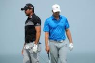 Aug 16, 2015; Sheboygan, WI, USA; Jason Day and Jordan Spieth on the 3rd tee box during the final round of the 2015 PGA Championship golf tournament at Whistling Straits. Mandatory Credit: Thomas J. Russo-USA TODAY Sports