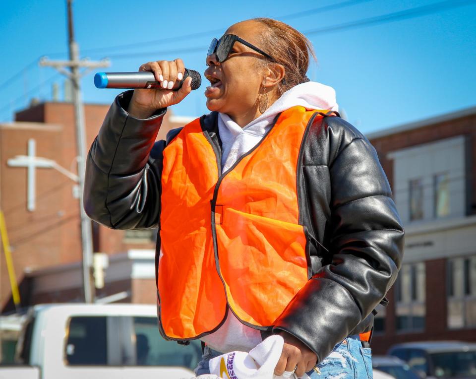 Teia Searcy, a political organizer with the union 1199SEIU, urges health care workers outside Saint Anne's Hospital in Fall River rallying against Steward Health Care, on Thursday, April 25, 2024.
