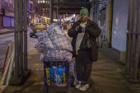A woman who gave her name on as Cynthia and was pushing an overloaded grocery cart through downtown Brooklyn, stands after speaking with volunteers for the Department of Homeless Services survey count in the Brooklyn borough of New York February 10, 2015. REUTERS/Shannon Stapleton