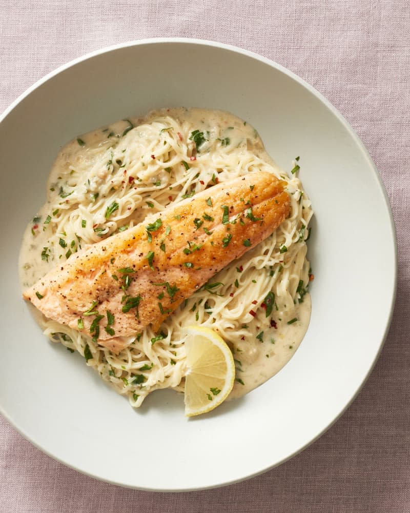 One Pan Steelhead Trout with Lemon Garlic Angel Hair Pasta 