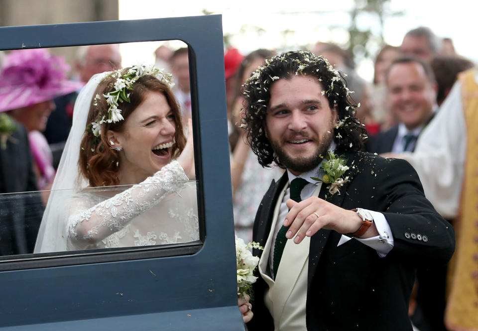 Kit Harington and Rose Leslie at Rayne Church, Kirkton of Rayne in Aberdeenshire, after their wedding. (Photo by Jane Barlow/PA Images via Getty Images)