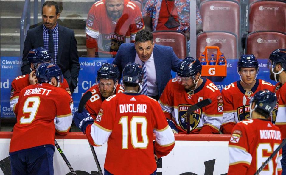 Florida Panthers interim head coach Andrew Brunette talks to his players during the third period of Game 2 of a second round NHL Stanley Cup series against the Tampa Bay Lightning at FLA Live Arena on Thursday, May 19, 2022 in Sunrise, Fl.