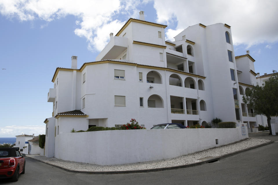 A view of the block of apartments from where British girl Madeleine McCann disappeared in 2007, in Praia da Luz, in Portugal's Algarve coast, Thursday, June 4, 2020. German police said they have identified a suspect -- a 43-year-old German citizen currently imprisoned in his home country for a sexual crime. The suspect spent numerous years in Portugal, including in Praia da Luz around the time of McCann’s disappearance. (AP Photo/Armando Franca)