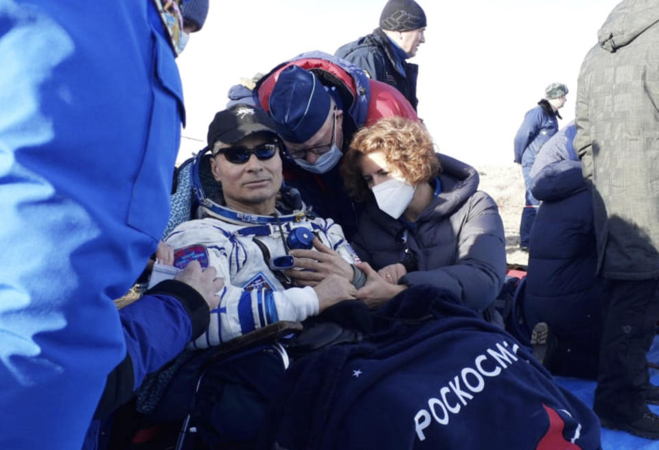 In this photo released by the Roscosmos Space Agency, NASA astronaut Mark Vande Hei sits in a chair shortly after the landing of the Russian Soyuz MS-19 space capsule southeast of the Kazakh town of Zhezkazgan, Kazakhstan, Wednesday, March 30, 2022. The Soyuz MS-19 capsule landed upright in the steppes of Kazakhstan on Wednesday with NASA astronaut Mark Vande Hei, Russian Roscosmos cosmonauts Anton Shkaplerov and Pyotr Dubrov. (Alexander Pantiukhin, Roscosmos Space Agency via AP)