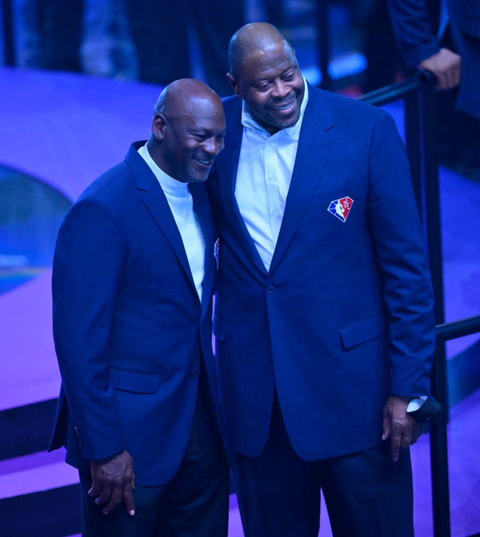 Michael Jordan with Patrick Ewing at halftime during the 2022 NBA All-Star Game, Feb. 20, 2022, in Cleveland.
