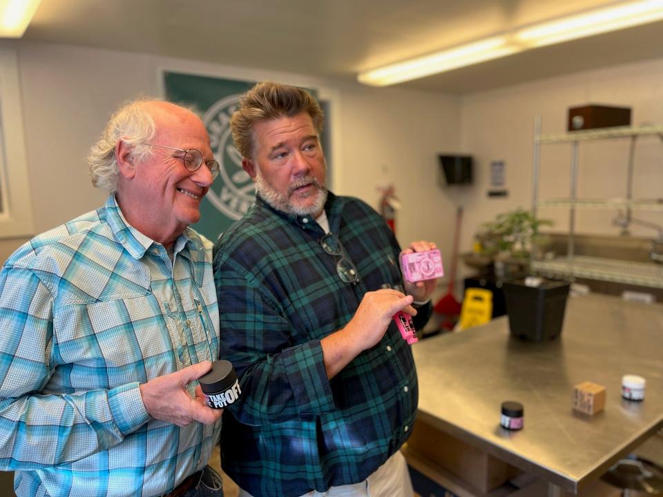 Chris Walsh (right) formulated the blends for Ben's Best Blnz, as seen on April 13, 2023, at Grassroots Vermont in Brandon.