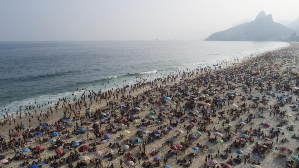 Aerial photo of a beachgoers on a Brazilian holiday Monday. Source: AP