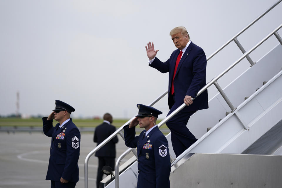 President Donald arrives at Hartsfield-Jackson International Airport, Wednesday, July 15, 2020, in Atlanta. (AP Photo/Evan Vucci)