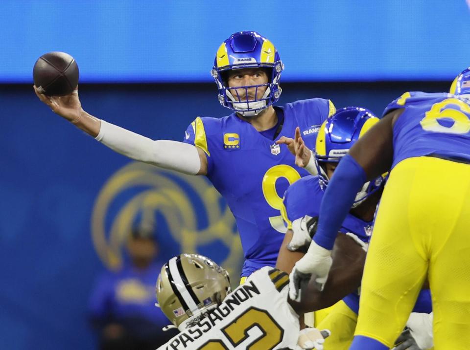 Inglewood, CA - December 21: Rams quarterback Matthew Stafford, #9, passes the ball.