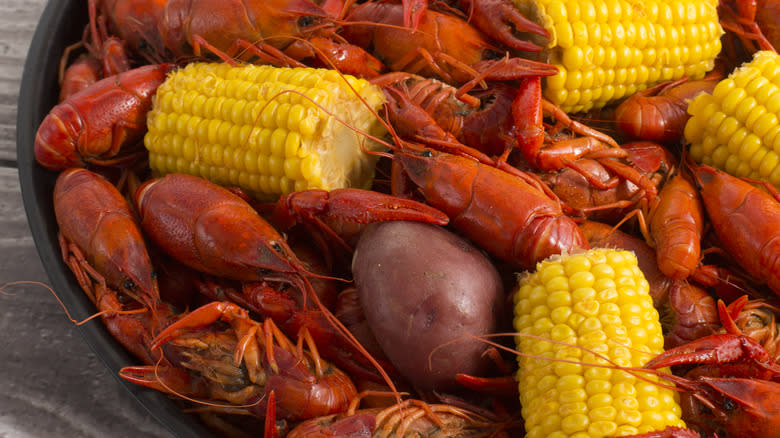 Skillet of crawfish with corn