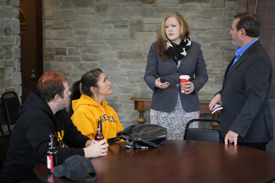 Candace Cabanas, the Republican nominee for a Bucks County special election to fill a vacant Pennsylvania state House seat, speaks with speaks with attendees at a campaign event in Fairless Hills, Pa., Wednesday, Jan. 31, 2024. (AP Photo/Matt Rourke)