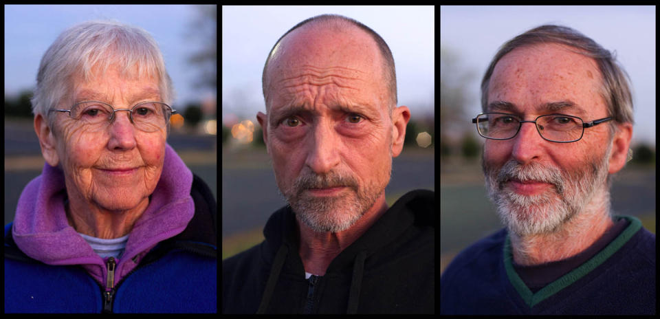 This Nov. 19, 2012, combo photo shows anti-nuclear weapons activists Sister Megan Rice, left, Michael Walli, center, and Greg Boertje-Obed in Knoxville, Tenn. The three were sentenced Tuesday, Feb. 18, 2014, for the role they played in a July 2012 break-in at the Y-12 National Security Complex. Sister Megan Rice, 84, was sentenced to nearly three years in prison and Michael Walli and Greg Boertje-Obed were sentenced to more than five years in prison. The break-in raised questions about the safekeeping at the facility that holds the nation's primary supply of bomb-grade uranium. (AP Photo/The Knoxville News Sentinel, Saul Young)