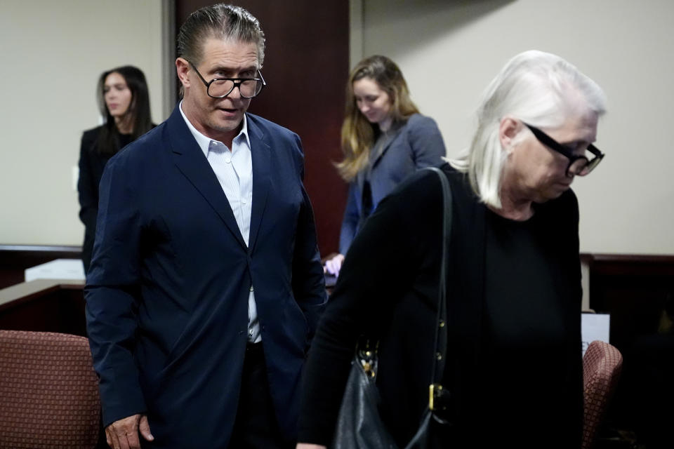 Actor Stephen Baldwin and his sister Elizabeth Keuchler exit the courtroom after their brother Alec Baldwin's hearing in District Court, in Santa Fe, N.M., Wednesday, July 10, 2024. (AP Photo/Ross D. Franklin, Pool)