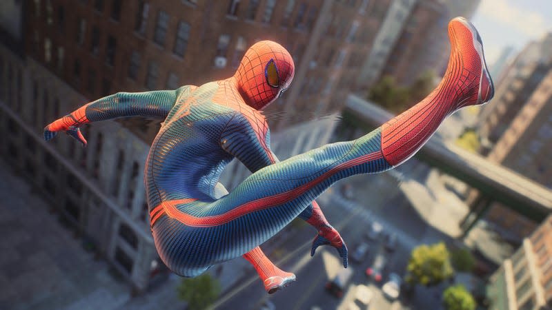 Spider-Man swings through the air and shows off his physique. 
