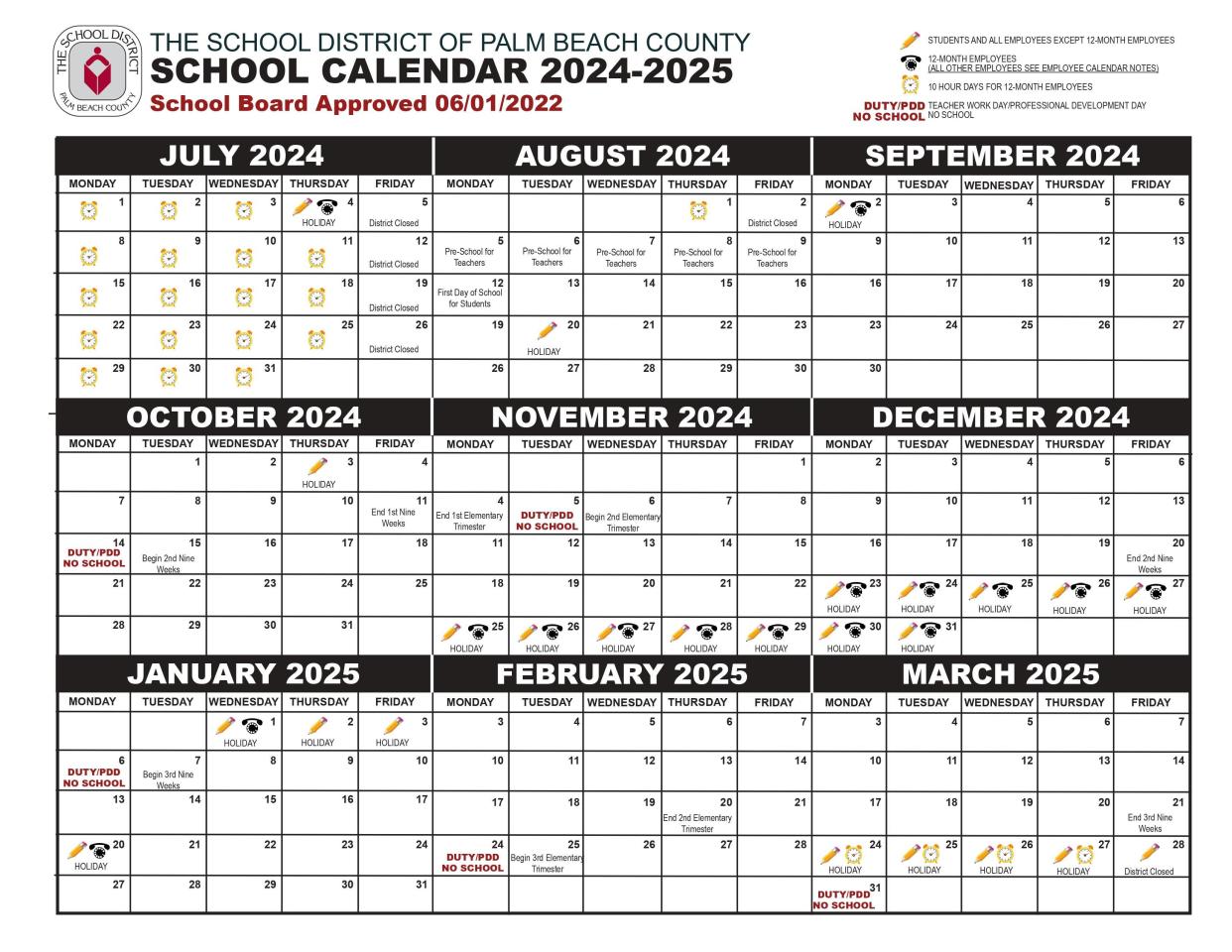 The calendar for Palm Beach County schools for the 2024-25 school year.