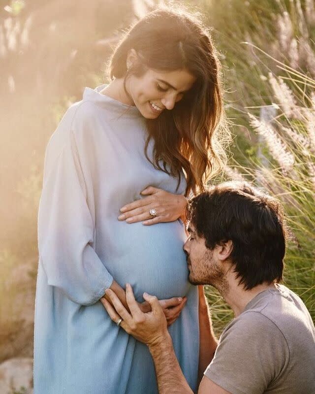 <p>In May 2017, the actor shared a photograph on Instagram of herself dressed in baby blue and cradling a baby bump while her partner Ian Somerhalder kissed her stomach.</p><p>'How is it possible to love someone so much already?' an excerpt of the post reads. </p><p><a href="https://www.instagram.com/p/BTr76kAAqb1/" rel="nofollow noopener" target="_blank" data-ylk="slk:See the original post on Instagram;elm:context_link;itc:0;sec:content-canvas" class="link ">See the original post on Instagram</a></p>