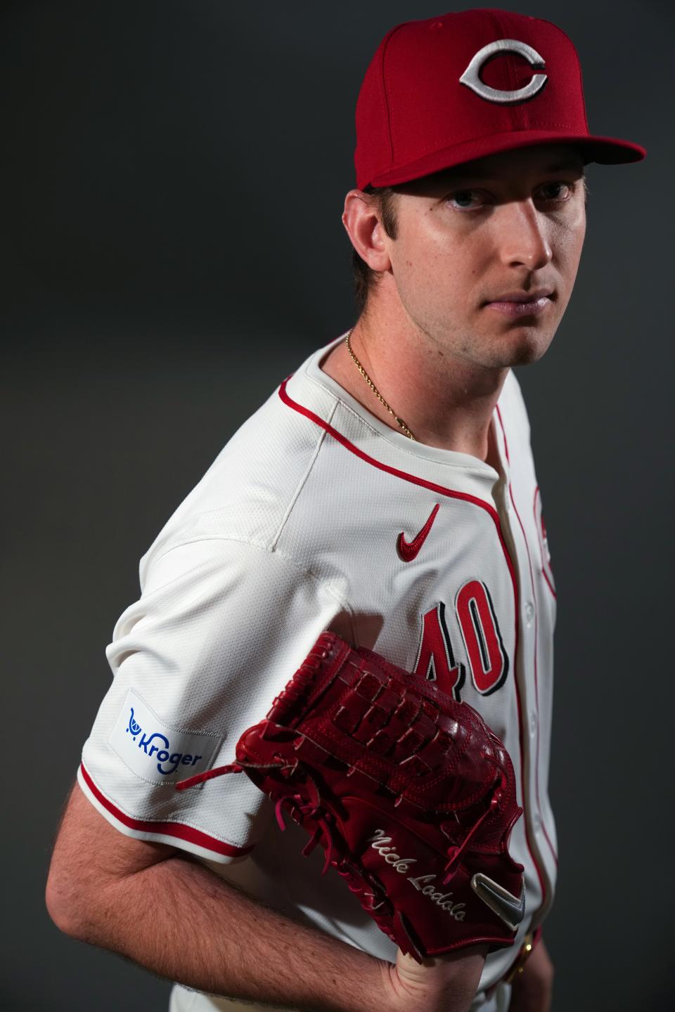 Cincinnati Reds starting pitcher Nick Lodolo (40) stands for a portrait during spring training, Tuesday, Feb. 20, 2024, at the team’s spring training facility in Goodyear, Ariz.