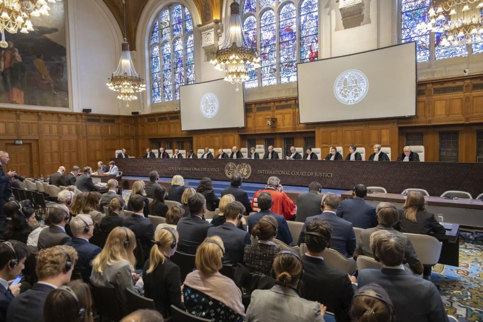 The International Court of Justice (ICJ) begins to read the decision on the objections raised by Russia regarding the 'jurisdiction' and 'admissibility' conditions of the 'genocide' case brought by Ukraine against Russia in The Hague, Netherlands on February 02, 2024. (Nikos Oikonomou/Anadolu via Getty Images)