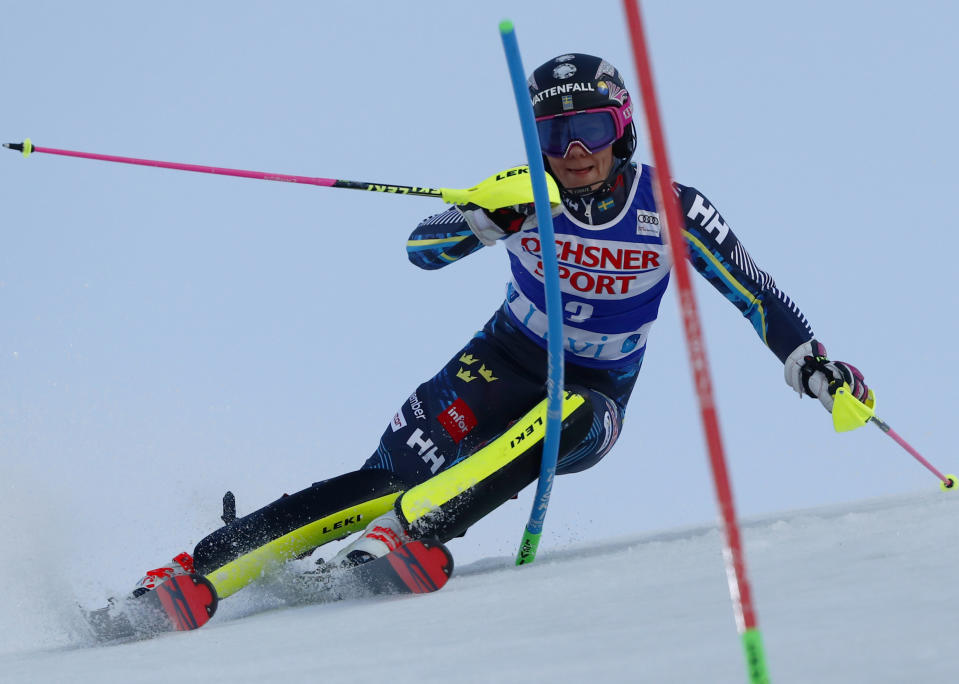 Sweden's Frida Hansdotter competes during the first run of an alpine ski, women's World Cup slalom, in Levi, Finland, Saturday, Nov. 17, 2018. (AP Photo/Gabriele Facciotti)