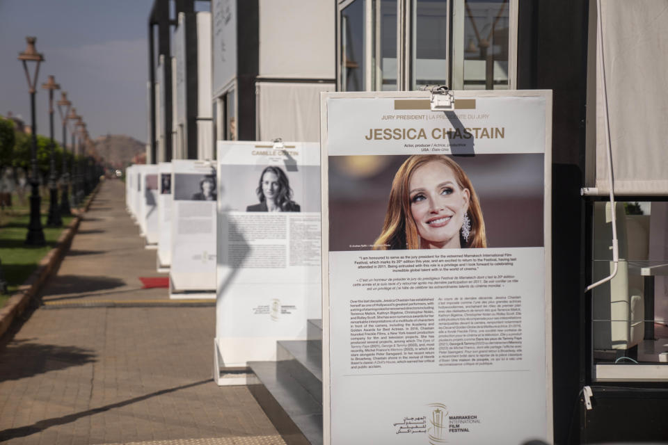 Posters or actors at the venue where the Marrakech International Film Festival is being held, ahead of the opening ceremony in Marrakech, Morocco, Friday, Nov. 24, 2023. International movie stars arrive in Morocco on Friday to kick off one of the Arab world's largest film festivals amid a shadow cast by Israel's latest war with Hamas and protests that have swept the region for almost two months. (AP Photo/Mosa'ab Elshamy)