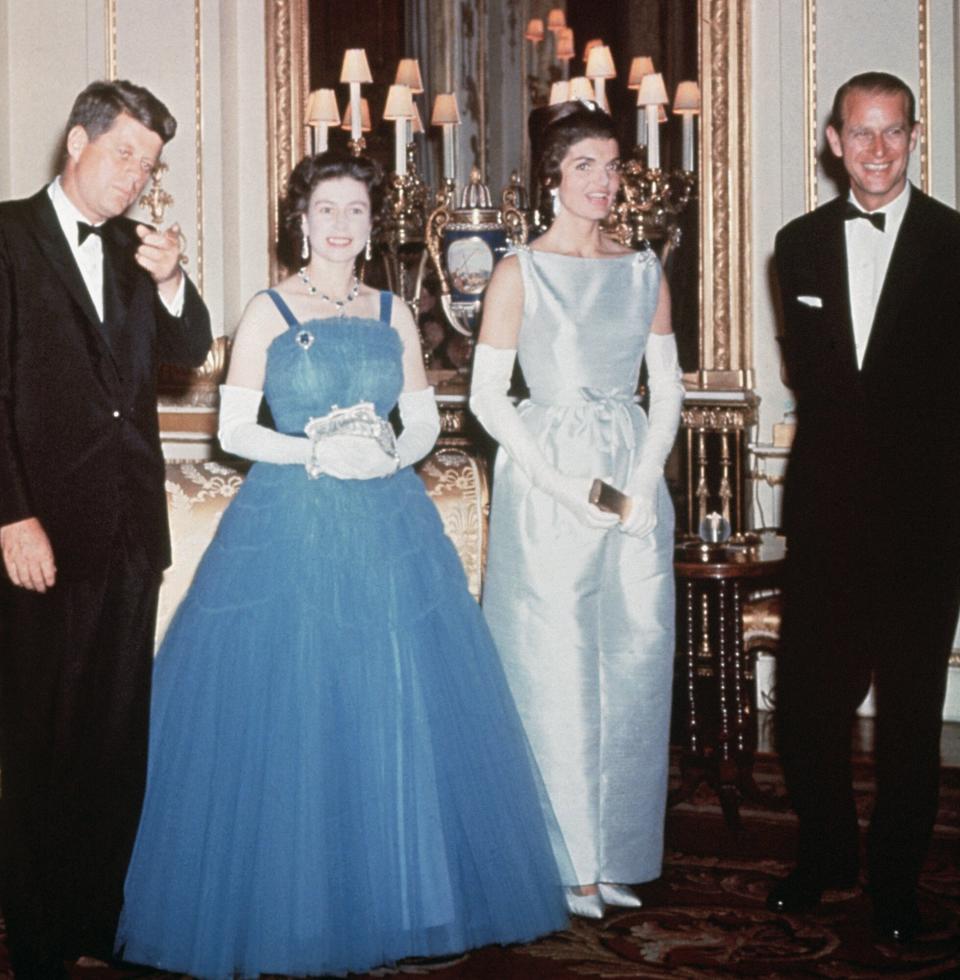 President John F. Kennedy and First Lady Jackie Kennedy pay a visit to the royal family in England. (L-R): John F. Kennedy; Queen Elizabeth II; Jackie Kennedy, and Prince Philip.
