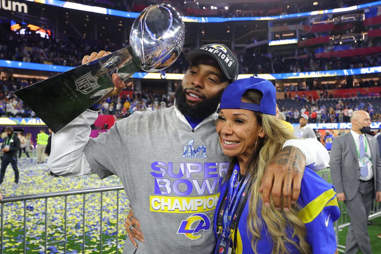 Odell Beckham Jr. #3 of the Los Angeles Rams celebrates after Super Bowl LVI at SoFi Stadium on February 13, 2022 in Inglewood, California.