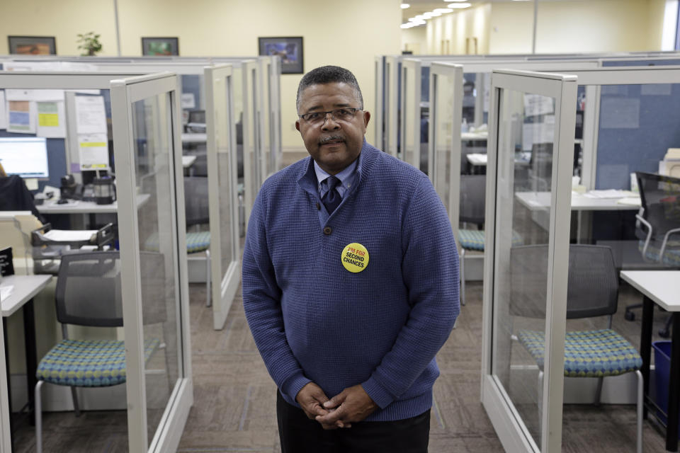 In this photo taken Wednesday, Dec. 18, 2019 Dennis Gaddy, the co-founder of Community Success Initiative is shown at the Raleigh, N.C. office. Gaddy, 62, served time behind bars and said he was unable to vote for seven years after being released from prison because he was on probation. (AP Photo/Gerry Broome)