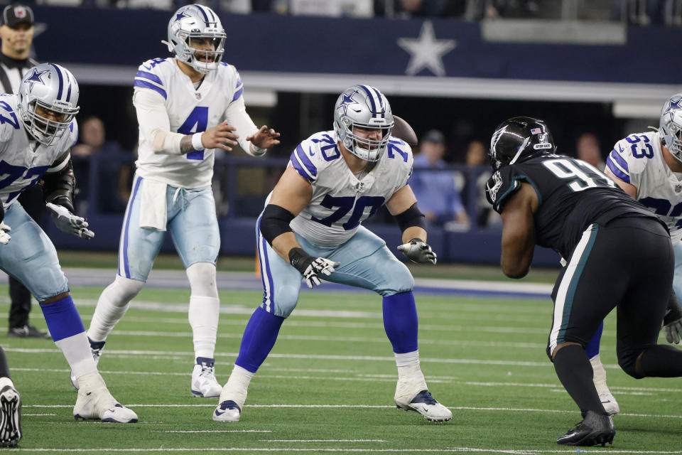 FILE - Dallas Cowboys guard Zack Martin (70) prepares to block against the Philadelphia Eagles during an NFL football game in Arlington, Texas, Dec. 24, 2022. Martin has been a star since earing All-Pro honors as a rookie in 2014. (AP Photo/Michael Ainsworth, File)