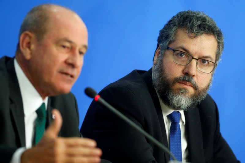 Brazil's Defence Minister Fernando Azevedo and Brazil's Foreign Minister Ernesto Araujo attend a press conference at the Planalto Palace in Brasilia
